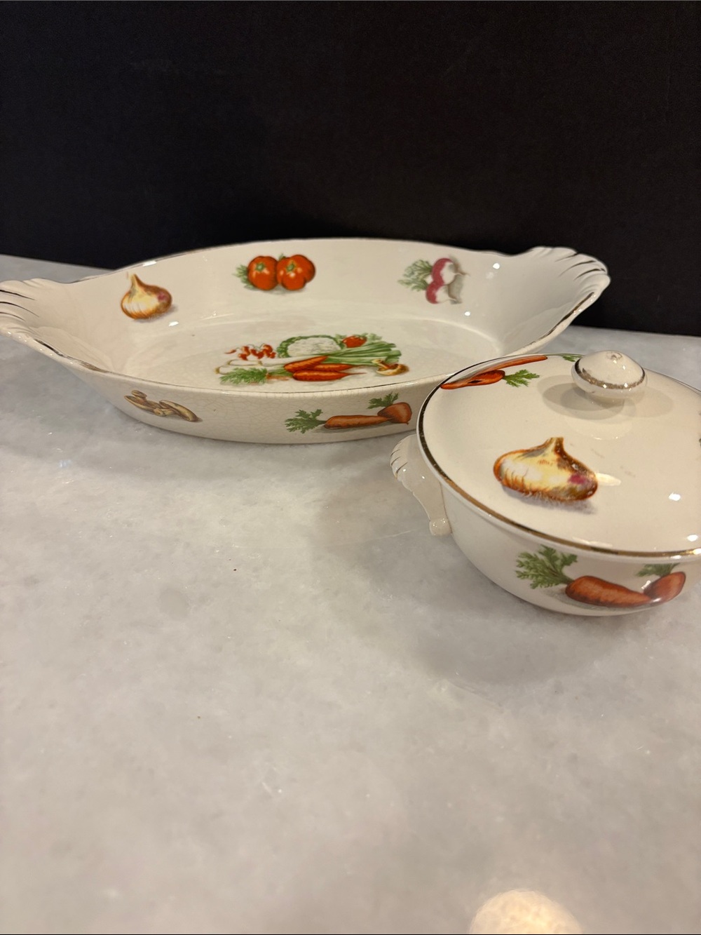Vtg Oven-To-Table Ware 22kt Gold Japan 🍄‍🟫🫜🥕🍅🧅🫛